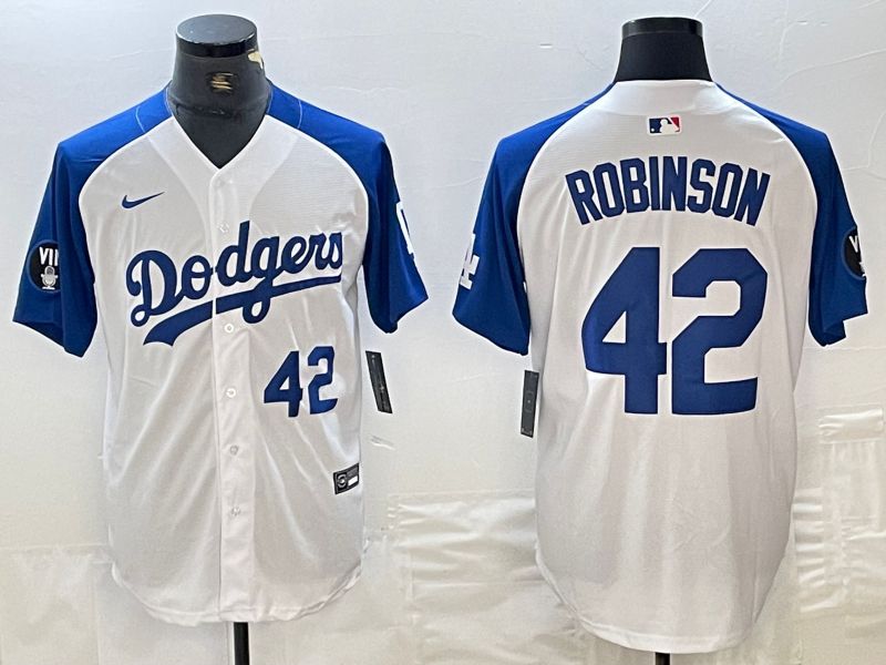 Men Los Angeles Dodgers 42 Robinson White blue Fashion Nike Game MLB Jersey style 2
